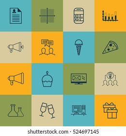 Set Of 16 Universal Editable Icons. Can Be Used For Web, Mobile And App Design. Includes Elements Such As Media Campaign, Newsletter, Collaborative Solution And More.