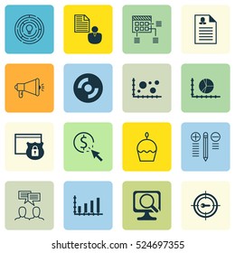 Set Of 16 Universal Editable Icons. Can Be Used For Web, Mobile And App Design. Includes Elements Such As Media Campaign, Security, Circle Graph And More.