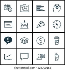 Set Of 16 Universal Editable Icons. Can Be Used For Web, Mobile And App Design. Includes Elements Such As Bars Chart, Open Cardboard, Sliced Pizza And More.