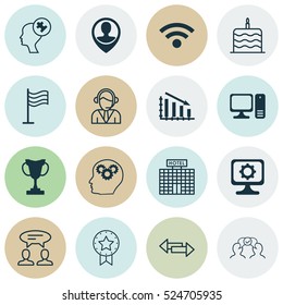 Set Of 16 Universal Editable Icons. Can Be Used For Web, Mobile And App Design. Includes Elements Such As Present Badge, Operator, PC And More.
