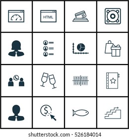 Set Of 16 Universal Editable Icons. Can Be Used For Web, Mobile And App Design. Includes Elements Such As Loading Speed, Music, Business Woman And More.