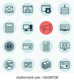 Set Of 16 Universal Editable Icons. Can Be Used For Web, Mobile And App Design. Includes Elements Such As Email, Announcement, Investment And More.