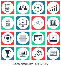 Set Of 16 Universal Editable Icons. Can Be Used For Web, Mobile And App Design. Includes Elements Such As Sliced Pizza, Phone Conference, Calculation And More.