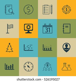 Set Of 16 Universal Editable Icons. Can Be Used For Web, Mobile And App Design. Includes Elements Such As Segmented Bar Graph, Raise Diagram, Date And More.