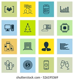 Set Of 16 Universal Editable Icons. Can Be Used For Web, Mobile And App Design. Includes Elements Such As Desktop Computer, Cacti, Decorated Tree And More.