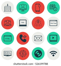 Set Of 16 Universal Editable Icons. Can Be Used For Web, Mobile And App Design. Includes Elements Such As Website, Video Player, Celebration Cake And More.