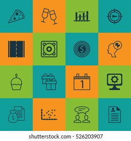 Set Of 16 Universal Editable Icons. Can Be Used For Web, Mobile And App Design. Includes Elements Such As Keyword Optimisation, Business Goal, Sliced Pizza And More.
