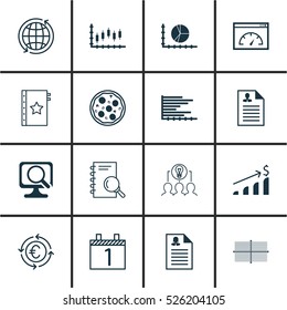 Set Of 16 Universal Editable Icons. Can Be Used For Web, Mobile And App Design. Includes Elements Such As Analysis, Agenda, Pizza Meal And More.