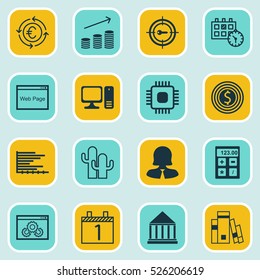 Set Of 16 Universal Editable Icons. Can Be Used For Web, Mobile And App Design. Includes Elements Such As Bars Chart, Website, Desktop Computer And More.