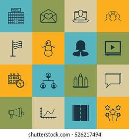 Set Of 16 Universal Editable Icons. Can Be Used For Web, Mobile And App Design. Includes Elements Such As Hotel Construction, Social Profile, Conference And More.