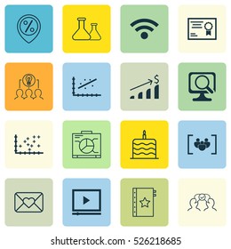Set Of 16 Universal Editable Icons. Can Be Used For Web, Mobile And App Design. Includes Elements Such As Collaborative Solution, Celebration Cake, Successful Investment And More.