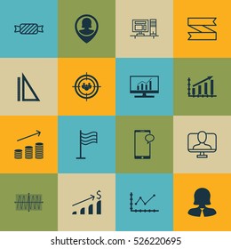Set Of 16 Universal Editable Icons. Can Be Used For Web, Mobile And App Design. Includes Elements Such As Market Research, Profit Graph, Pin And More.
