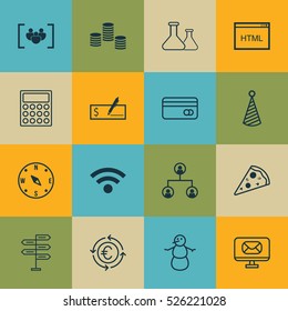 Set Of 16 Universal Editable Icons. Can Be Used For Web, Mobile And App Design. Includes Elements Such As Wireless, Birthday Hat, Savings And More.
