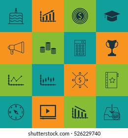 Set Of 16 Universal Editable Icons. Can Be Used For Web, Mobile And App Design. Includes Elements Such As Video Player, Profit Graph, Locate And More.