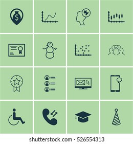 Set Of 16 Universal Editable Icons. Can Be Used For Web, Mobile And App Design. Includes Elements Such As Messaging, Job Applicants, Birthday Hat And More.