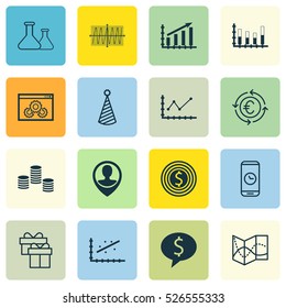 Set Of 16 Universal Editable Icons. Can Be Used For Web, Mobile And App Design. Includes Elements Such As Business Deal, Profit Graph, Cosinus Diagram And More.