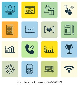 Set Of 16 Universal Editable Icons. Can Be Used For Web, Mobile And App Design. Includes Elements Such As Achievement Graph, Website Performance, Profit Graph And More.