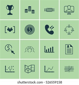 Set Of 16 Universal Editable Icons. Can Be Used For Web, Mobile And App Design. Includes Elements Such As Achievement Graph, Plot Diagram, Cooperation And More.