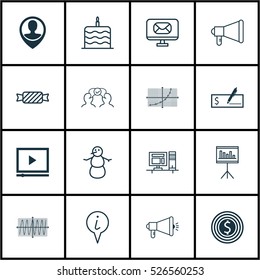 Set Of 16 Universal Editable Icons. Can Be Used For Web, Mobile And App Design. Includes Elements Such As Sweet, Media Campaign, Celebration Cake And More.