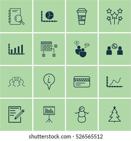 Set Of 16 Universal Editable Icons. Can Be Used For Web, Mobile And App Design. Includes Elements Such As Phone Conference, Achievement Graph, Dynamics And More.