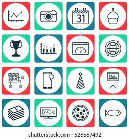 Set Of 16 Universal Editable Icons. Can Be Used For Web, Mobile And App Design. Includes Elements Such As Pizza Meal, Newsletter, Changes Graph And More.