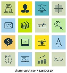 Set Of 16 Universal Editable Icons. Can Be Used For Web, Mobile And App Design. Includes Elements Such As Digital Media, Time Management, Coins Growth And More.