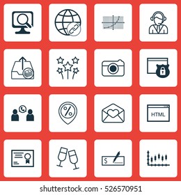 Set Of 16 Universal Editable Icons. Can Be Used For Web, Mobile And App Design. Includes Elements Such As Laptop, Festive Fireworks, Phone Conference And More.