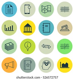Set Of 16 Universal Editable Icons. Can Be Used For Web, Mobile And App Design. Includes Elements Such As Spiral Notebook, Sequence Graphics, Curriculum Vitae And More.
