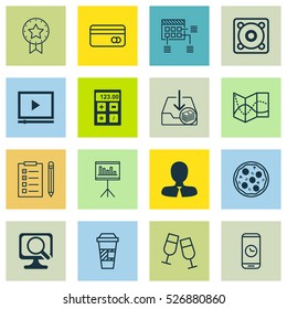 Set Of 16 Universal Editable Icons. Can Be Used For Web, Mobile And App Design. Includes Elements Such As Road Map, Music, Presentation And More.