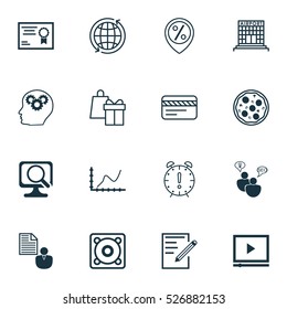 Set Of 16 Universal Editable Icons. Can Be Used For Web, Mobile And App Design. Includes Elements Such As Laptop, Discount Location, Video Player And More.