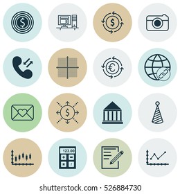 Set Of 16 Universal Editable Icons. Can Be Used For Web, Mobile And App Design. Includes Elements Such As Cellular Data, Financial, Connectivity And More.