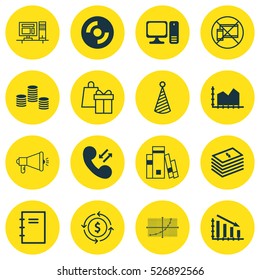 Set Of 16 Universal Editable Icons. Can Be Used For Web, Mobile And App Design. Includes Elements Such As Spiral Notebook, Library, Desktop Computer And More.