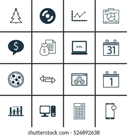 Set Of 16 Universal Editable Icons. Can Be Used For Web, Mobile And App Design. Includes Elements Such As Changes Graph, Messaging, Desktop Computer And More.
