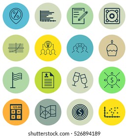 Set Of 16 Universal Editable Icons. Can Be Used For Web, Mobile And App Design. Includes Elements Such As Road Map, Plot Diagram, Collaborative Solution And More.