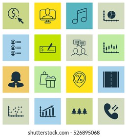 Set Of 16 Universal Editable Icons. Can Be Used For Web, Mobile And App Design. Includes Elements Such As Profit Graph, Photo Camera, Discount Location And More.