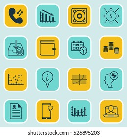 Set Of 16 Universal Editable Icons. Can Be Used For Web, Mobile And App Design. Includes Elements Such As Money, Raise Diagram, Plot Diagram And More.