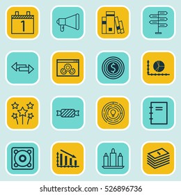 Set Of 16 Universal Editable Icons. Can Be Used For Web, Mobile And App Design. Includes Elements Such As Crossroad, Announcement, Festive Fireworks And More.