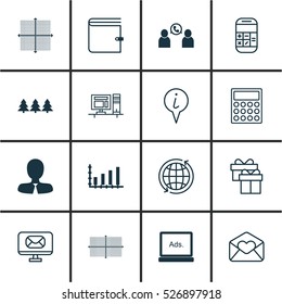 Set Of 16 Universal Editable Icons. Can Be Used For Web, Mobile And App Design. Includes Elements Such As Wallet, Email, Graphical Grid And More.