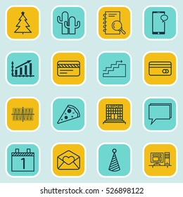 Set Of 16 Universal Editable Icons. Can Be Used For Web, Mobile And App Design. Includes Elements Such As Plastic Card, Profit Graph, Birthday Hat And More.