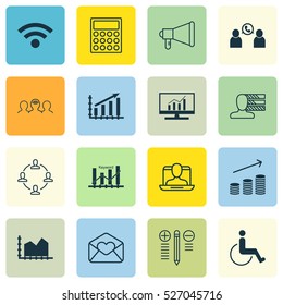 Set Of 16 Universal Editable Icons. Can Be Used For Web, Mobile And App Design. Includes Elements Such As Phone Conference, Wireless, Accessibility And More.