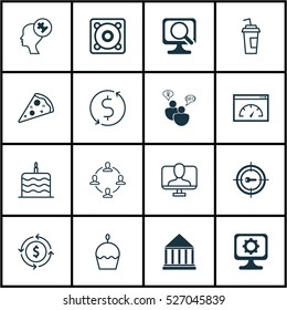 Set Of 16 Universal Editable Icons. Can Be Used For Web, Mobile And App Design. Includes Elements Such As Drink Cup, Money Trasnfer, Sliced Pizza And More.