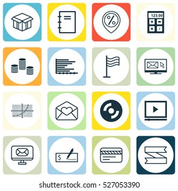 Set Of 16 Universal Editable Icons. Can Be Used For Web, Mobile And App Design. Includes Elements Such As Line Grid, Spiral Notebook, Blank Ribbon And More.