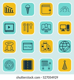 Set Of 16 Universal Editable Icons. Can Be Used For Web, Mobile And App Design. Includes Elements Such As Video Player, Fail Graph, Innovation And More.