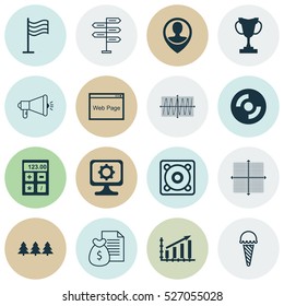 Set Of 16 Universal Editable Icons. Can Be Used For Web, Mobile And App Design. Includes Elements Such As Cosinus Diagram, Profit Graph, PC And More.