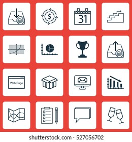 Set Of 16 Universal Editable Icons. Can Be Used For Web, Mobile And App Design. Includes Elements Such As Circle Graph, Paid Upload, Open Cardboard And More.