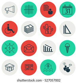 Set Of 16 Universal Editable Icons. Can Be Used For Web, Mobile And App Design. Includes Elements Such As Graphical Grid, Computer, Date And More.