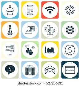 Set Of 16 Universal Editable Icons. Can Be Used For Web, Mobile And App Design. Includes Elements Such As Business Deal, Cacti, Birthday Cake And More.