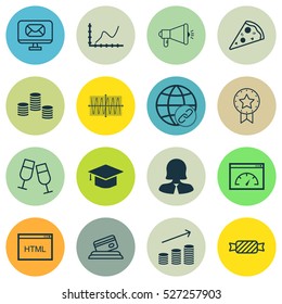 Set Of 16 Universal Editable Icons. Can Be Used For Web, Mobile And App Design. Includes Elements Such As Media Campaign, Graduation, Sinus Graph And More.
