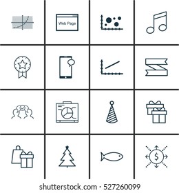 Set Of 16 Universal Editable Icons. Can Be Used For Web, Mobile And App Design. Includes Elements Such As Messaging, Fishing, Decorated Tree And More.