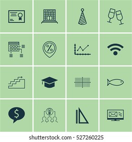 Set Of 16 Universal Editable Icons. Can Be Used For Web, Mobile And App Design. Includes Elements Such As Fishing, Business Deal, Schedule And More.